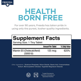 FREEDA Vitamine D3 5000 IU comprimés, présentation sur fond blanc