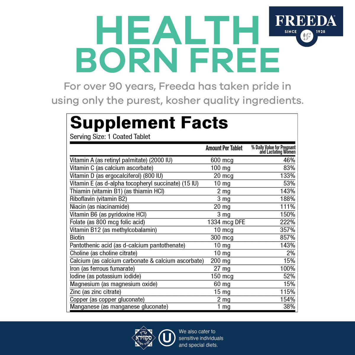 FREEDA Vitamines Prénatales boîte ouverte montrant les comprimés