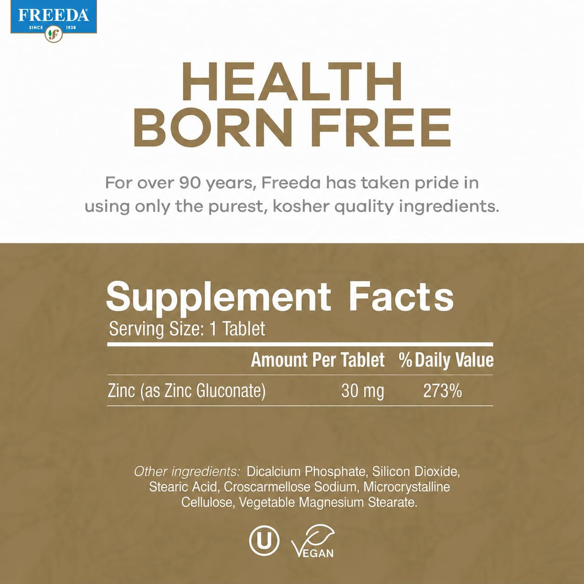 FREEDA Zinc Élementaire 30mg, étiquette des ingrédients