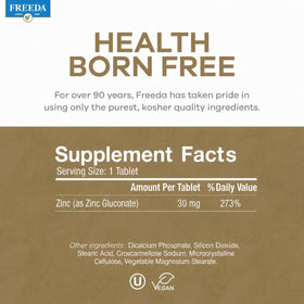 FREEDA Zinc Élementaire 30mg, étiquette des ingrédients
