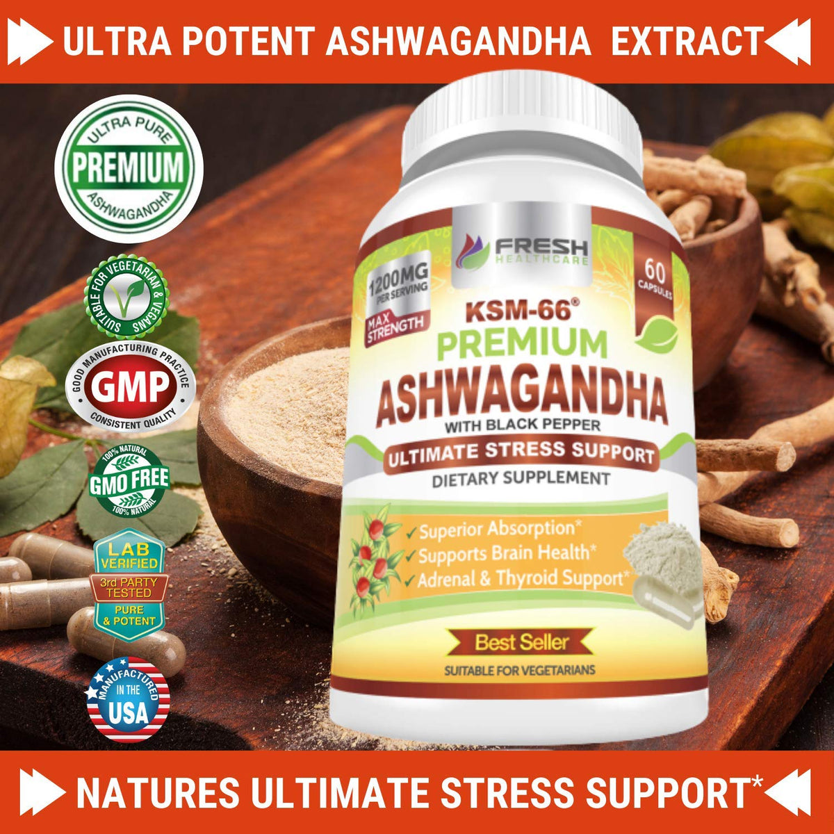 FRESH HEALTHCARE capsules d'Ashwagandha KSM-66 1200mg avec étiquette