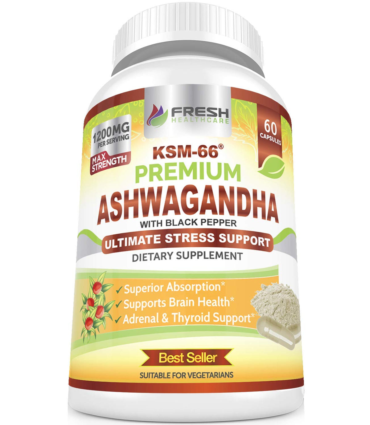 FRESH HEALTHCARE capsules d'Ashwagandha KSM-66 1200mg avec un verre d'eau