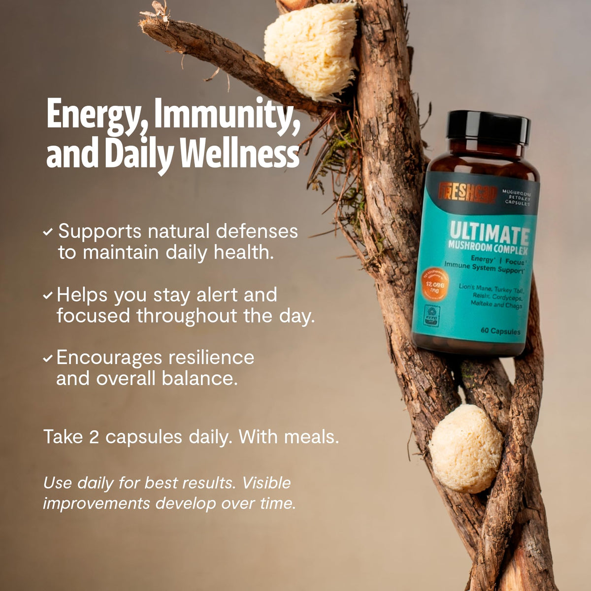 FreshCap Mushrooms complément alimentaire champignon 12:1 avec capsules