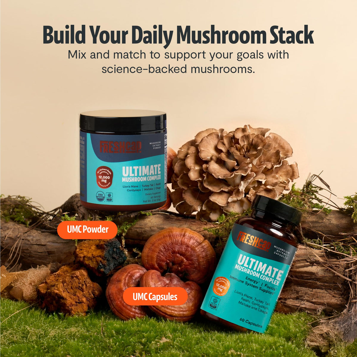 FreshCap Mushrooms complément alimentaire champignon 12:1 sur une table