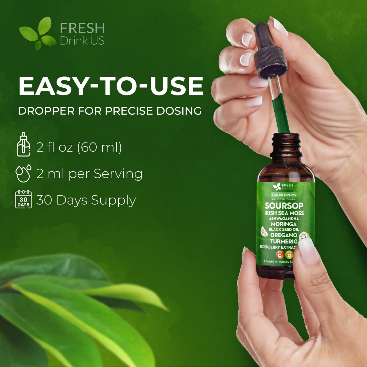 FRESHDRINKUS Soursop Bitters à côté d'un verre d'eau