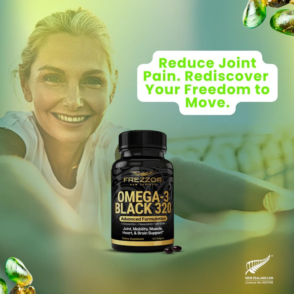 FREZZOR Omega 3 Black capsules d'huile de moules vertes, avec un verre d'eau