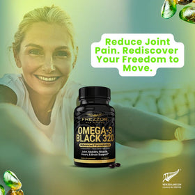 FREZZOR Omega 3 Black capsules d'huile de moules vertes, avec un verre d'eau
