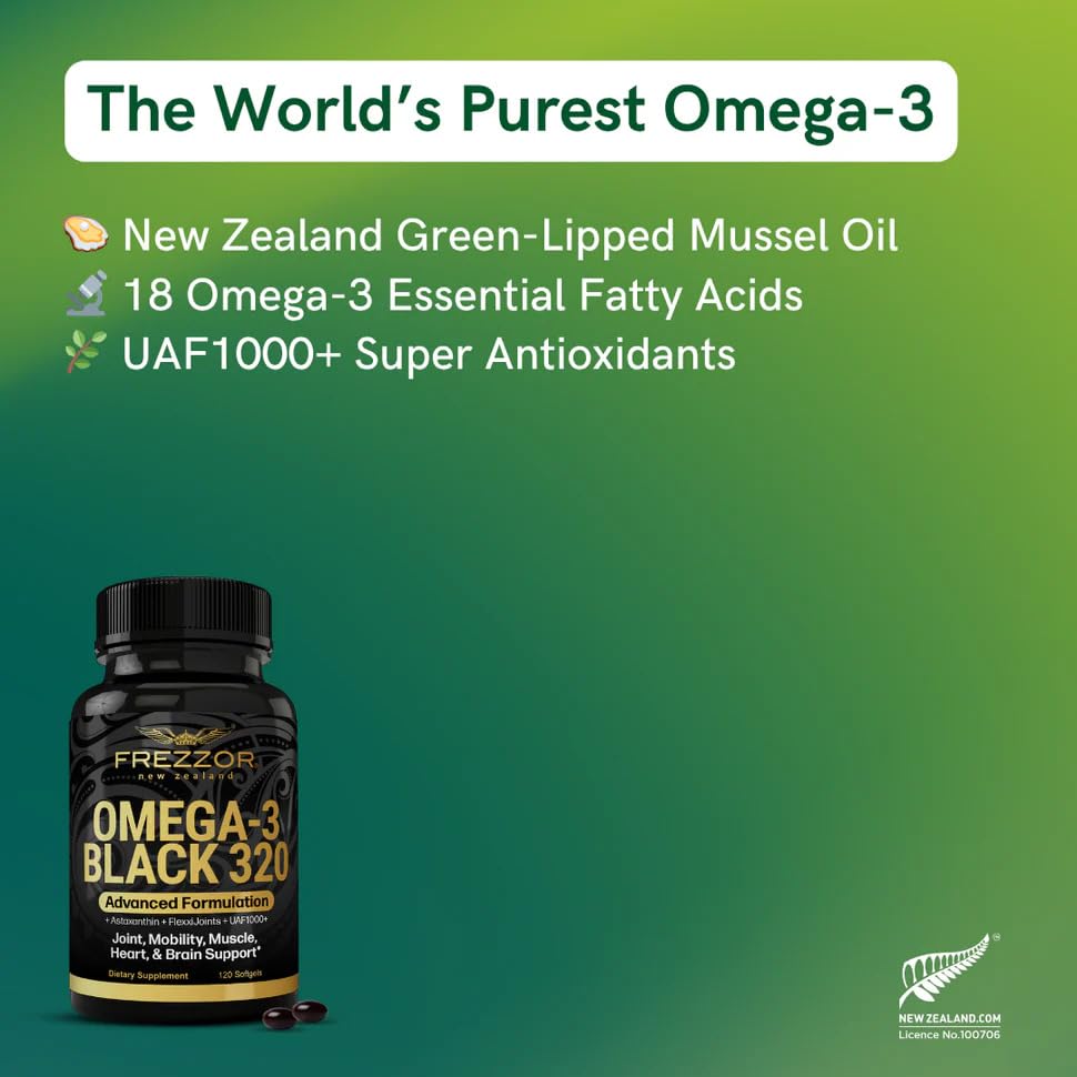 FREZZOR Omega 3 Black capsules d'huile de moules vertes, mise en scène avec des ingrédients naturels