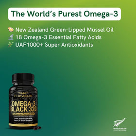 FREZZOR Omega 3 Black capsules d'huile de moules vertes, mise en scène avec des ingrédients naturels