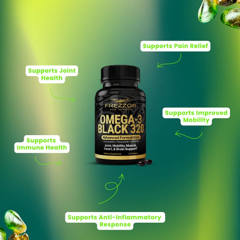 FREZZOR Omega 3 Black capsules d'huile de moules vertes, présentation sur une table