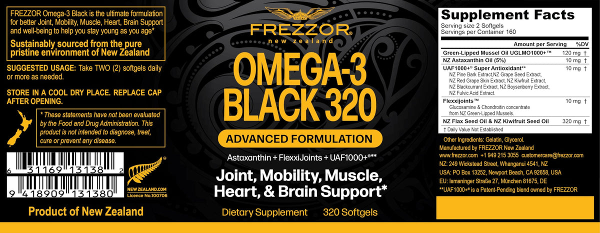 FREZZOR Omega 3 Black capsules d'huile de moules vertes, vue de côté