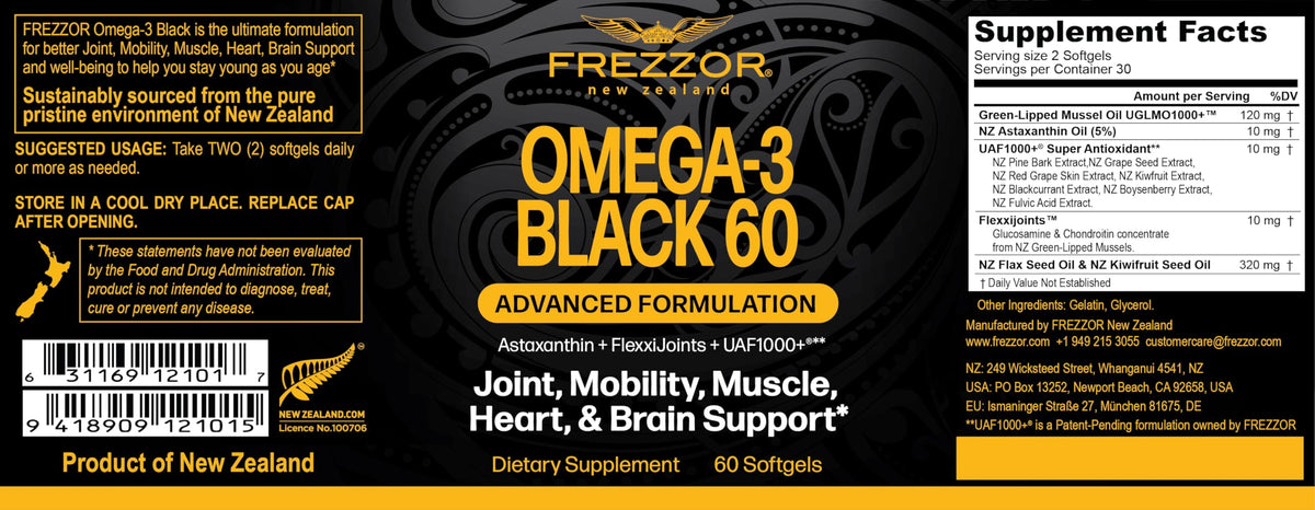 FREZZOR Omega 3 Noir capsules avec moules de Nouvelle-Zélande en arrière-plan