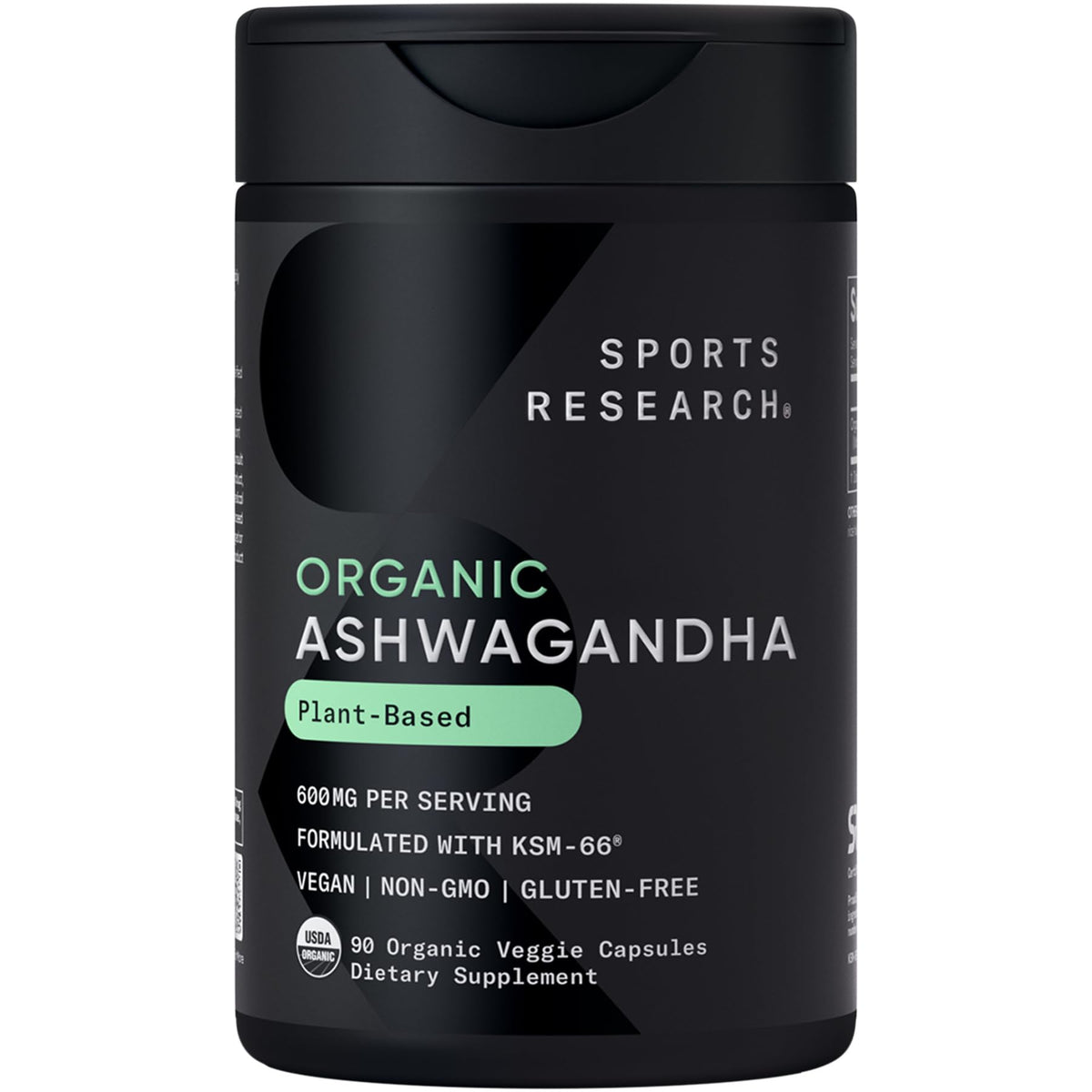 Front view of Sports Research Ashwagandha 600mg KSM-66 capsules