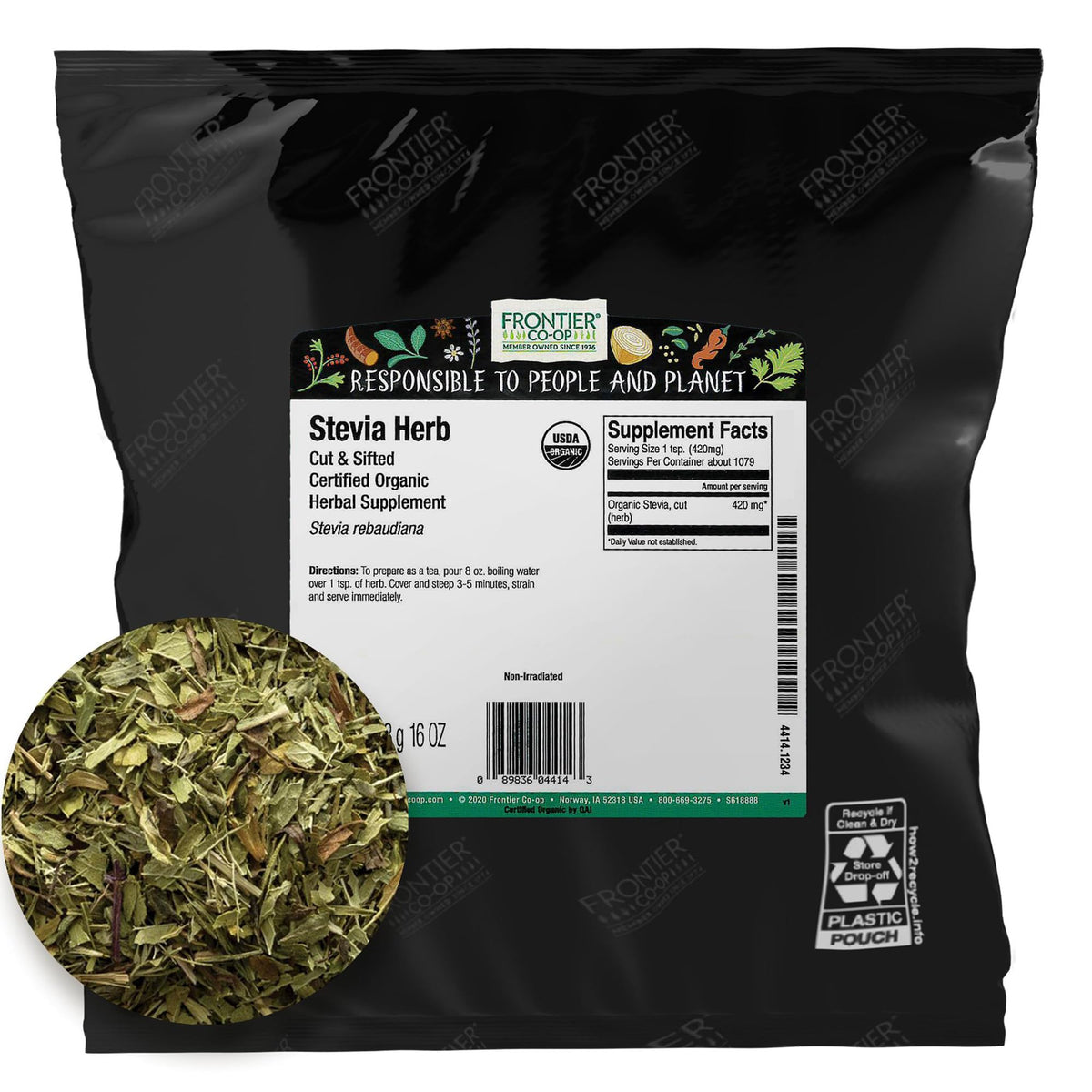 Frontier Co-op Stevia Herb Bio 481g, vue avant du paquet