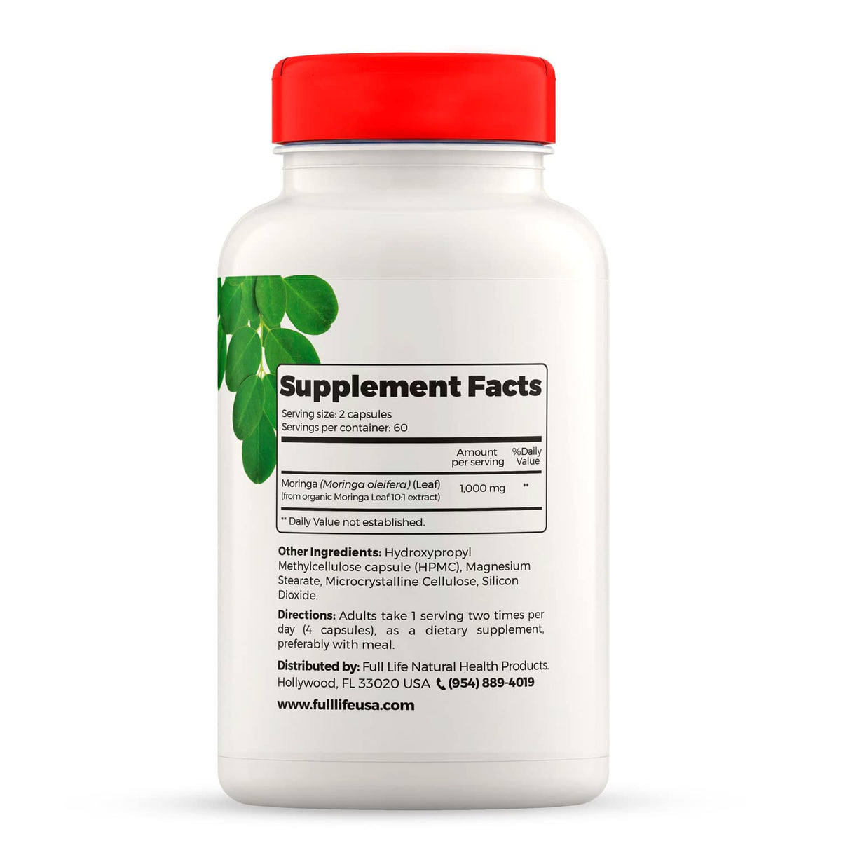 Full Life Moringa Oleifera capsules with natural ingredients background