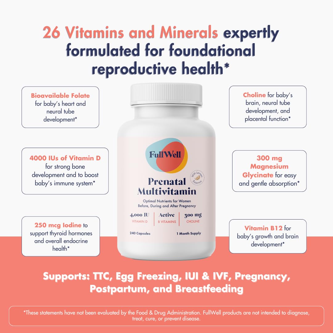 FullWell Multivitamines Prénatales sur une table avec un verre d'eau