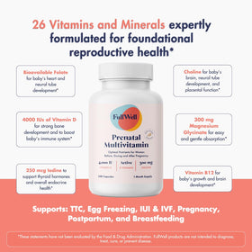 FullWell Multivitamines Prénatales sur une table avec un verre d'eau