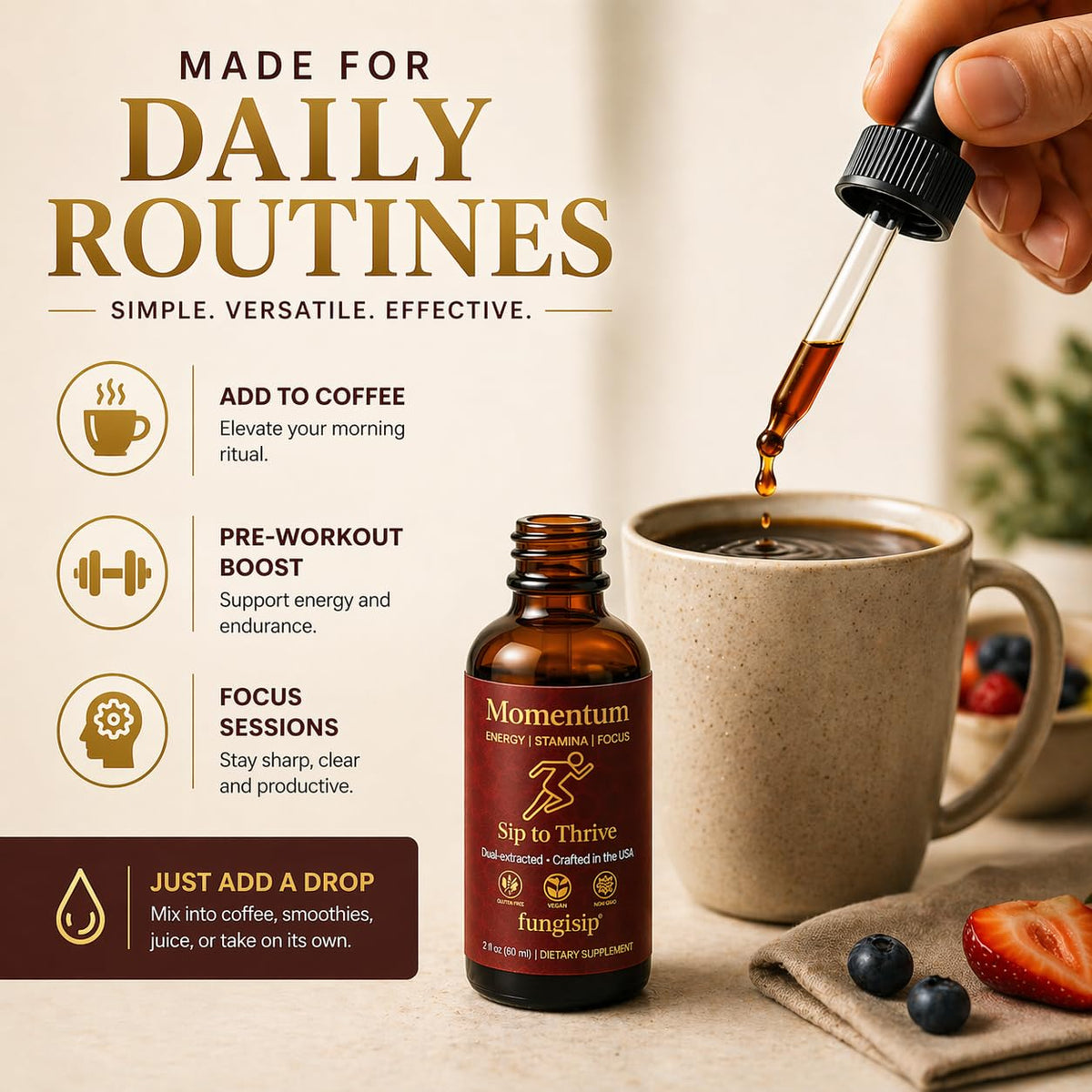FUNGISIP Tincture Cordyceps et Lion's Mane 2 oz en usage dans un smoothie