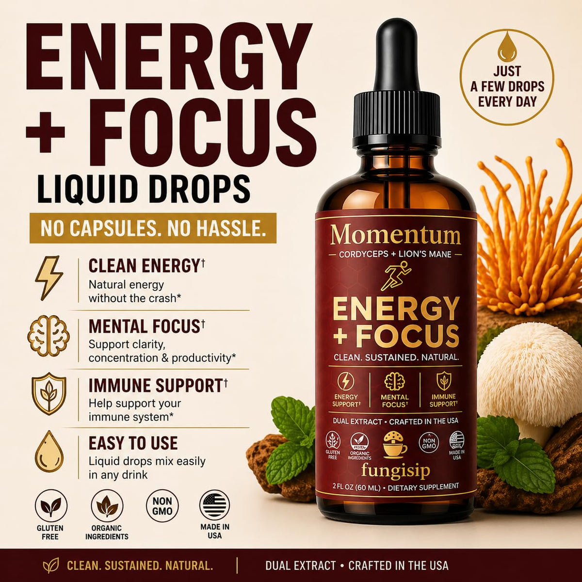 FUNGISIP Tincture Cordyceps et Lion's Mane 2 oz étiquette