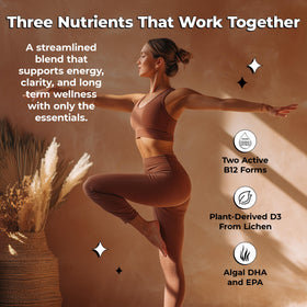 Future Kind Multivitamines 3-en-1 Vegan sur table avec fruits