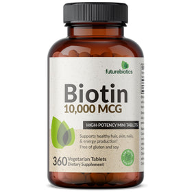Futurebiotics Biotine 10 000 mcg affiché avec des plantes vertes