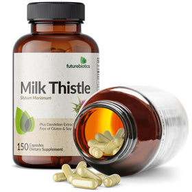 Futurebiotics Chardon-Marie 150 capsules et pissenlit en arrière-plan