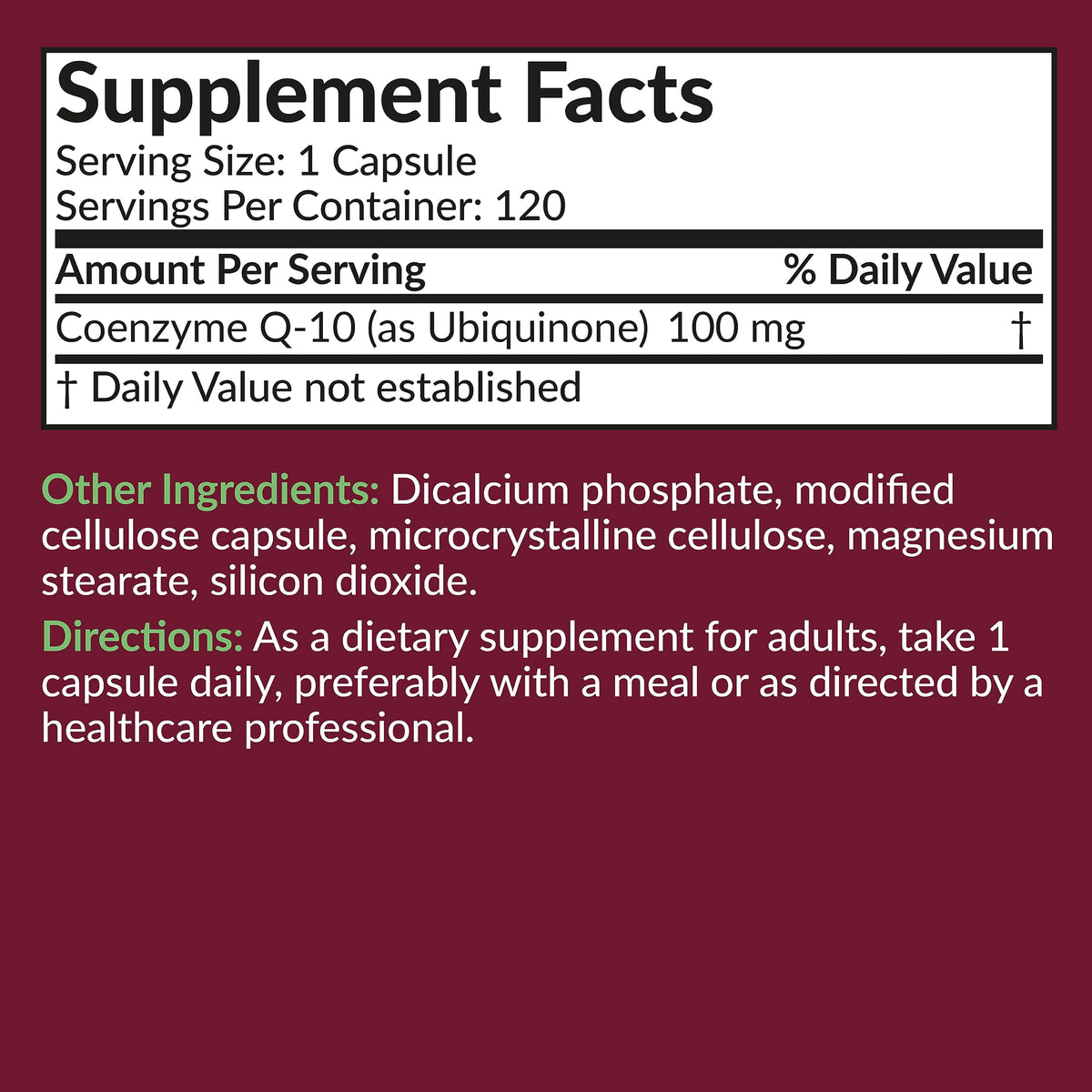 Futurebiotics CoQ10 100 MG capsules avec ingrédients en arrière-plan