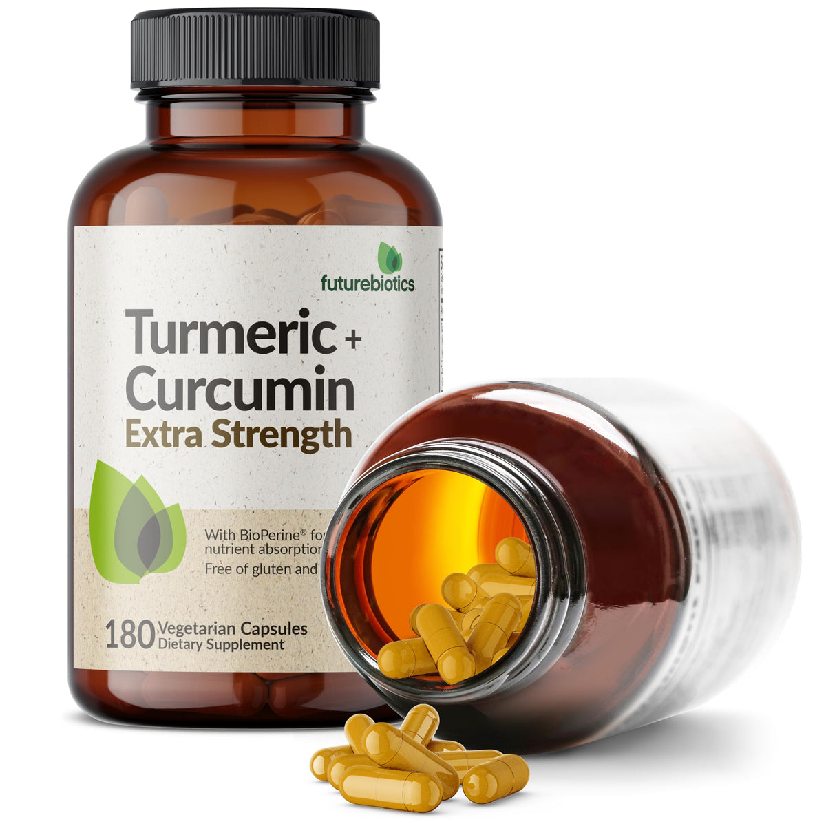 Futurebiotics Curcuma + Curcumine capsules à côté d'un verre d'eau