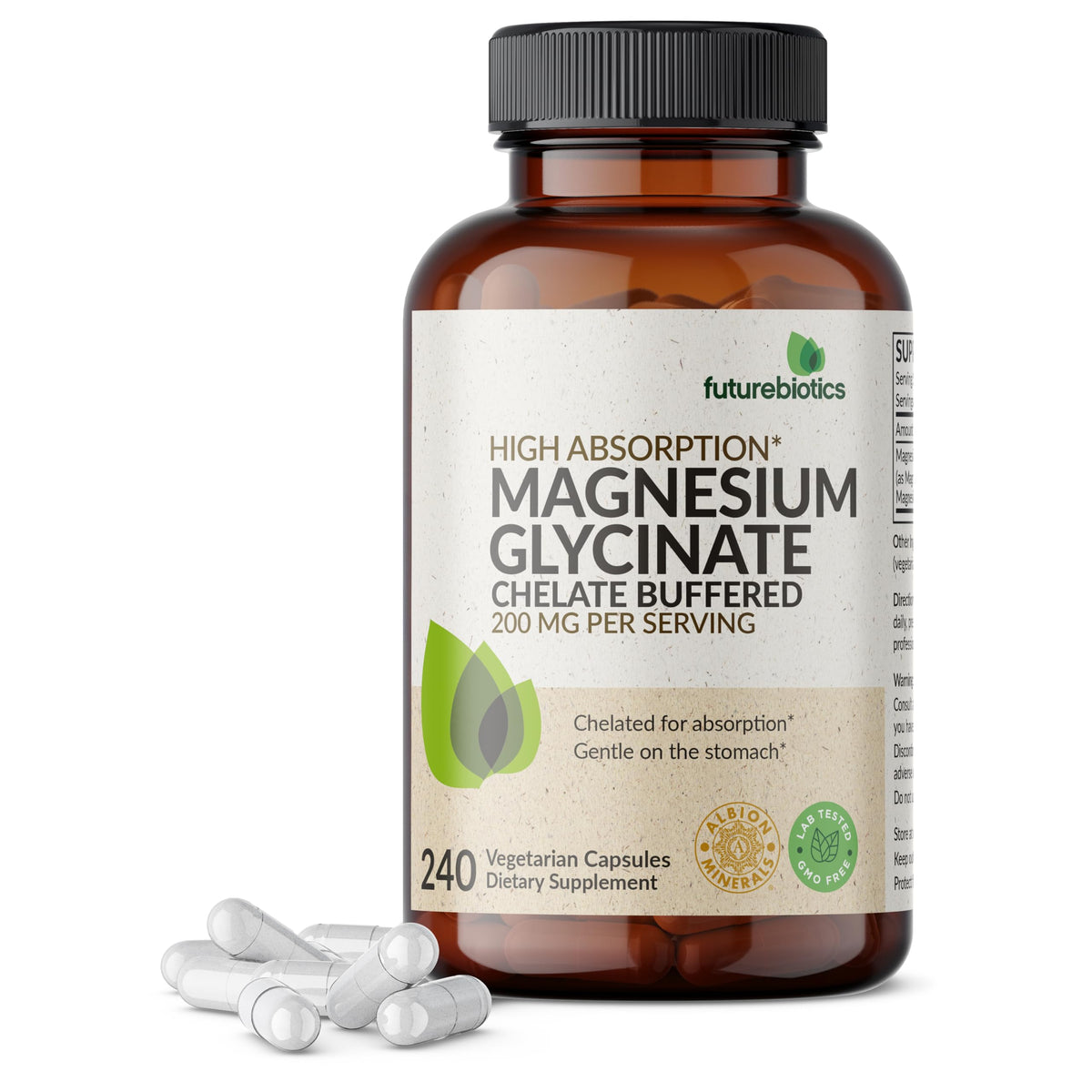 Futurebiotics Glycinate de Magnésium 200 mg 240 gélules végétariennes, vue de l'avant
