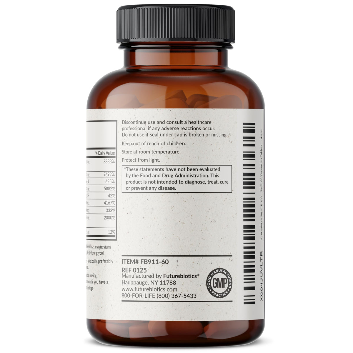 Futurebiotics Super B 100 sur une table avec d'autres compléments