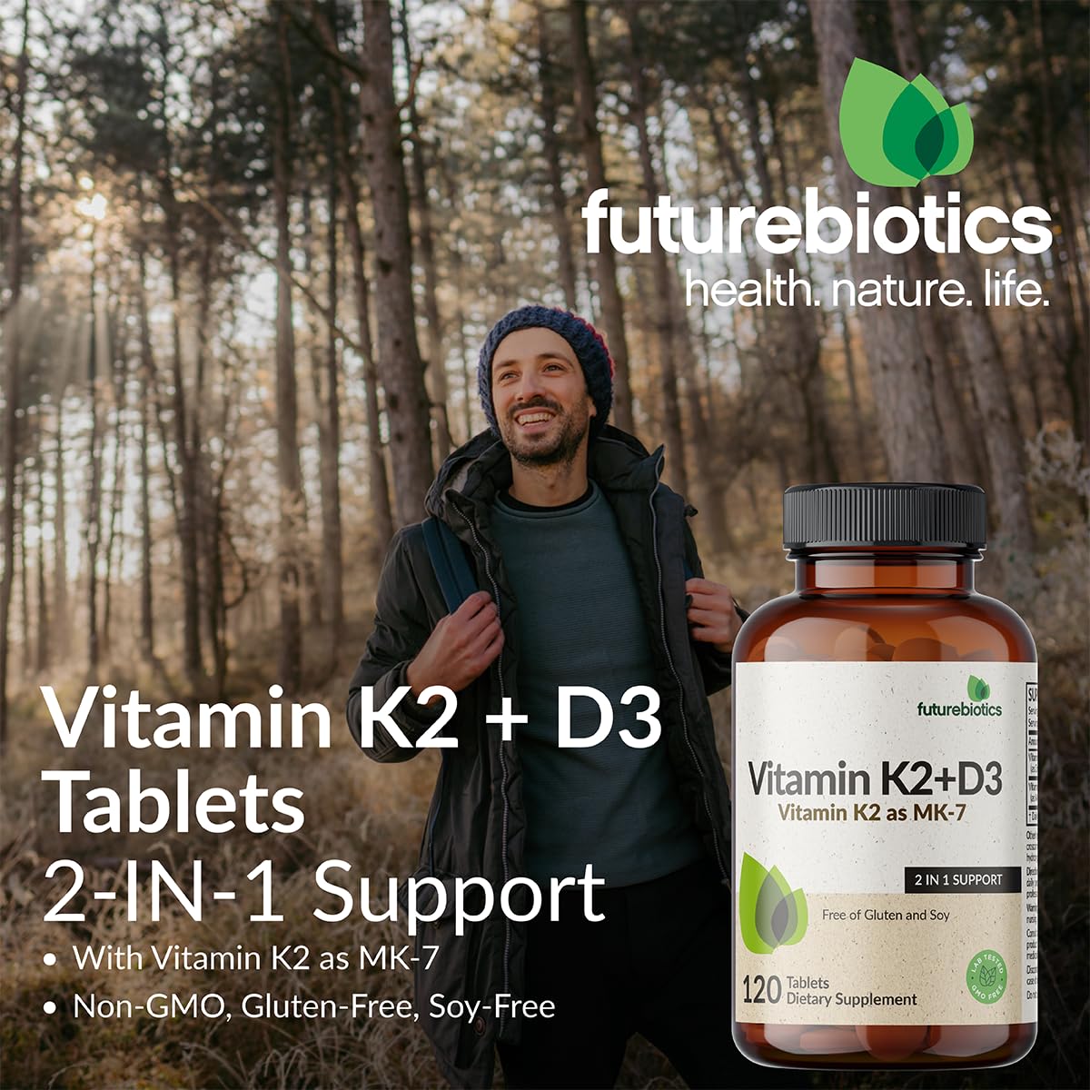 Futurebiotics Vitamine K2 MK-7 et D3 5000 UI, comprimés dans un verre d'eau