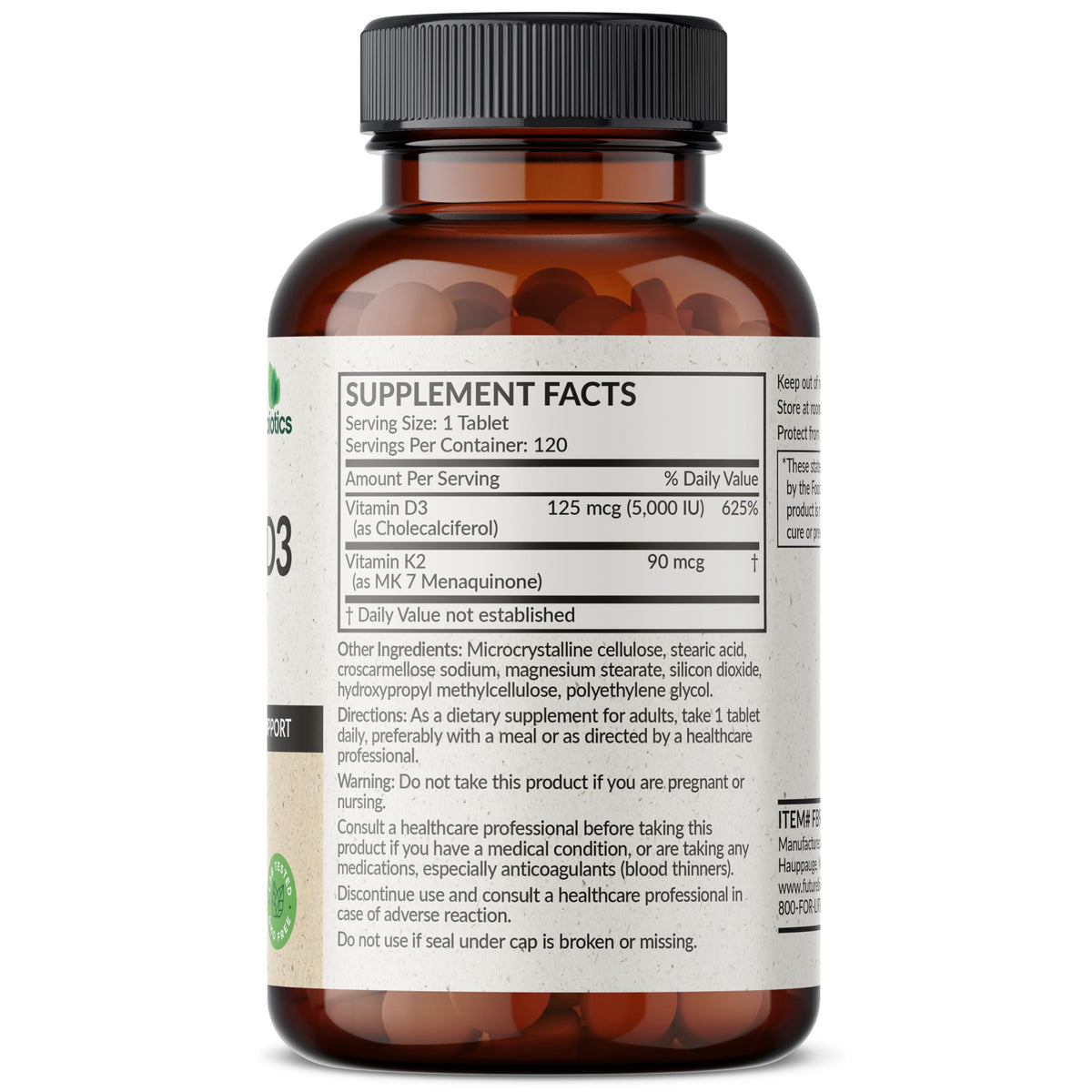 Futurebiotics Vitamine K2 MK-7 et D3 5000 UI, comprimés sur une surface