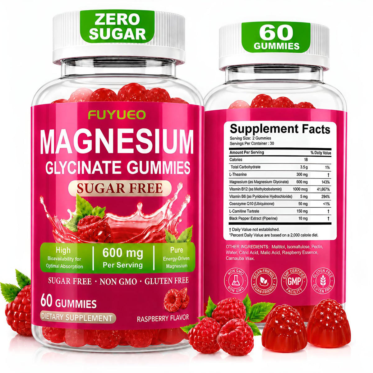 FUYUEO Gummies de Magnésium Glycinate 600mg Framboise vue de face