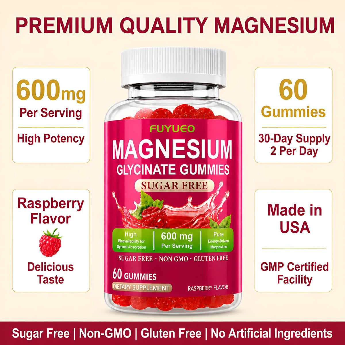 FUYUEO Gummies de Magnésium Glycinate à côté d'un verre d'eau