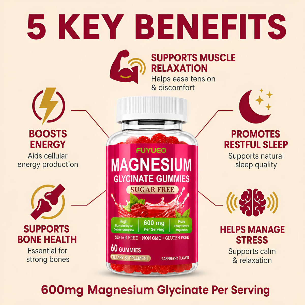 FUYUEO Gummies de Magnésium Glycinate emballage avec 60 pièces