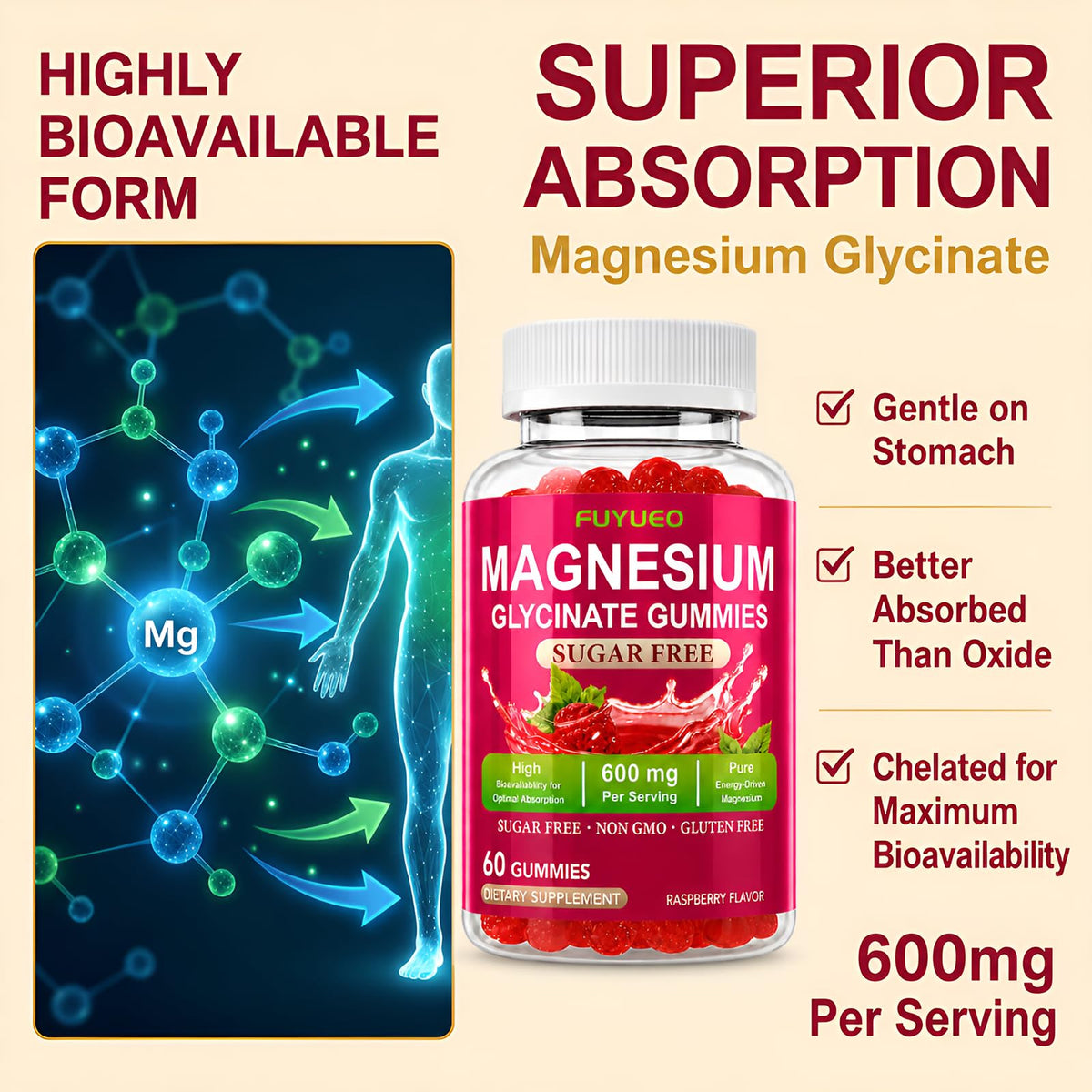FUYUEO Gummies de Magnésium Glycinate sur une table