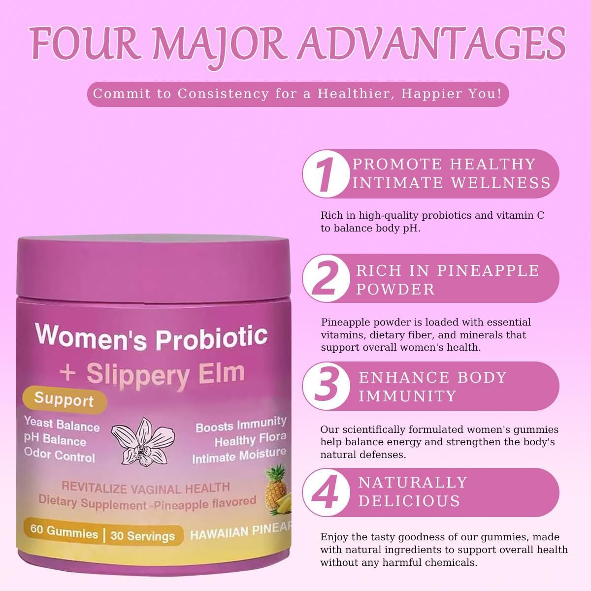 FW ZONE Gummies Probiotiques Féminins Saveur Ananas, mise en scène avec fruits