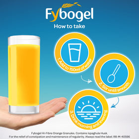 Fybogel sachets orange saveur, sachets alignés sur une table