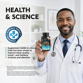 GABA L-Theanine NUTRAHARMONY avec des ingrédients sur une table