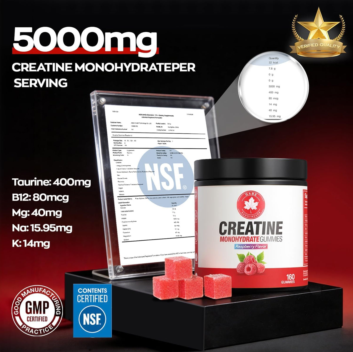 GABE SUNNYBEARS Gummies de Créatine Monohydrate montrant la taille des gummies