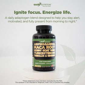 GADE NUTRITION Ashwagandha 6-en-1 capsules à côté d'un verre d'eau