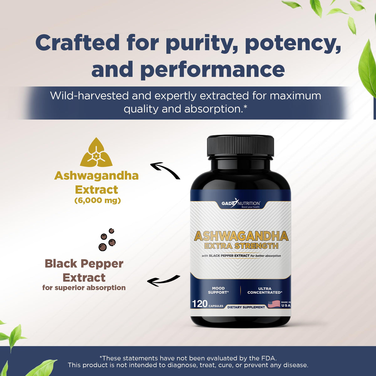 GADE NUTRITION Ashwagandha capsules sur fond blanc