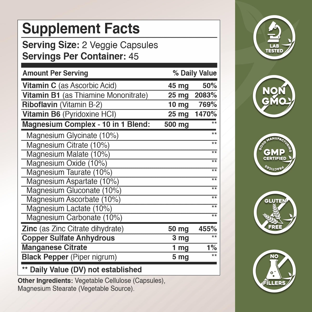 GADE NUTRITION Complexe de Magnésium 10 en 1, dosage de deux capsules