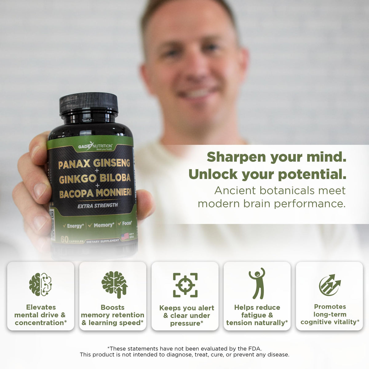GADE NUTRITION Ginkgo Biloba Ginseng Bacopa Monnieri 68g arrière