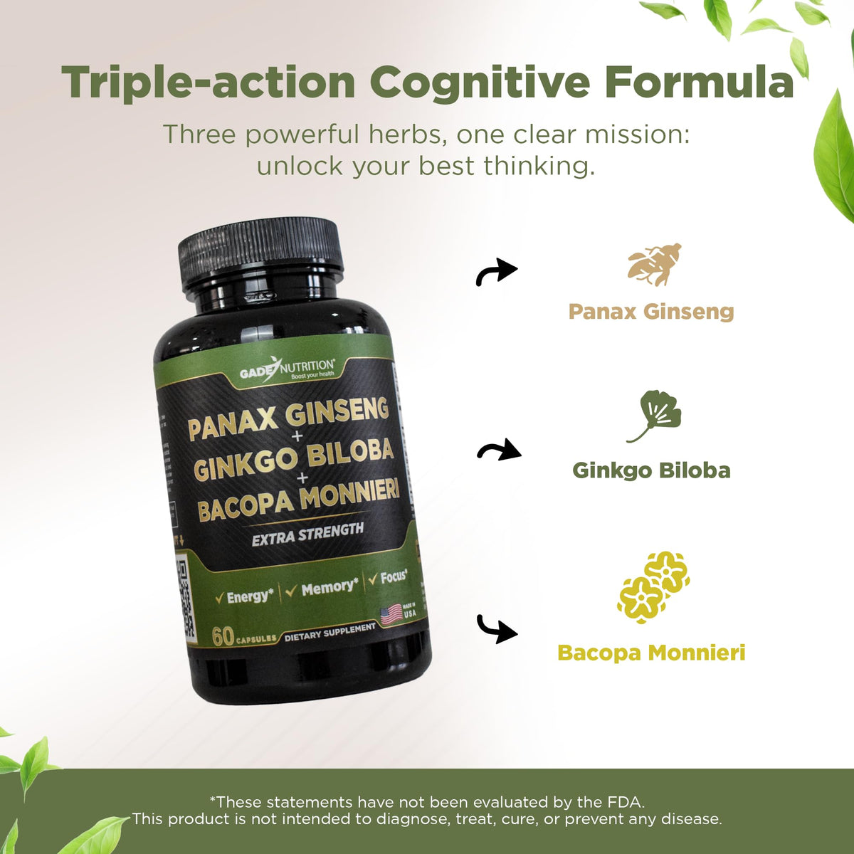 GADE NUTRITION Ginkgo Biloba Ginseng Bacopa Monnieri 68g côté