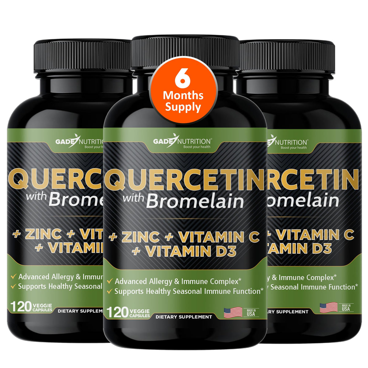 GADE NUTRITION Quercétine 500mg et Bromélaïne 200mg - vue de l'avant de la bouteille