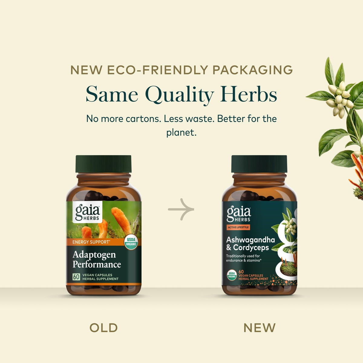 Gaia Herbs Adaptogen Performance avec des herbes naturelles en arrière-plan