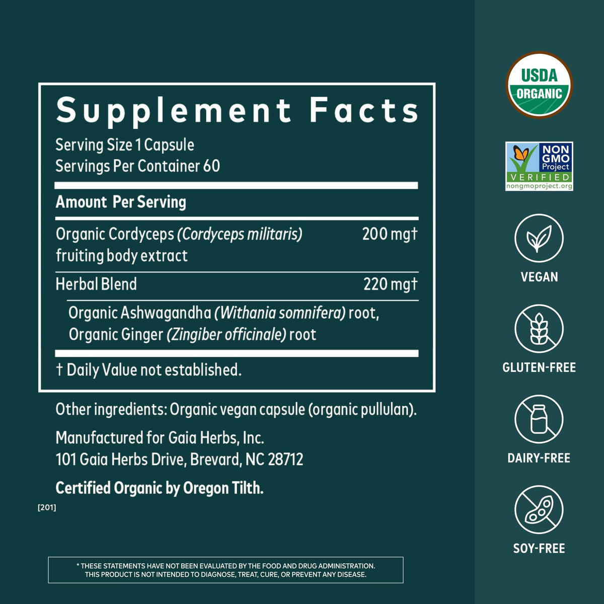 Gaia Herbs Adaptogen Performance emballage avec informations nutritionnelles
