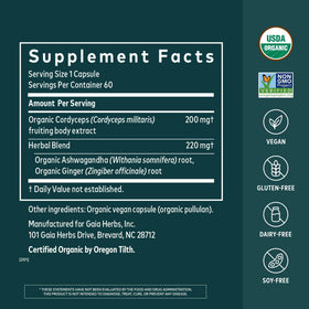 Gaia Herbs Adaptogen Performance emballage avec informations nutritionnelles