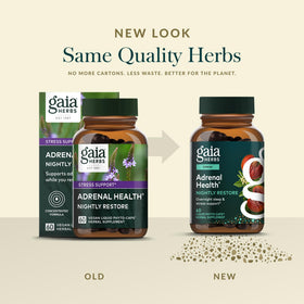 Gaia Herbs Adrenal Health Nightly Restore à côté d'une tasse de tisane